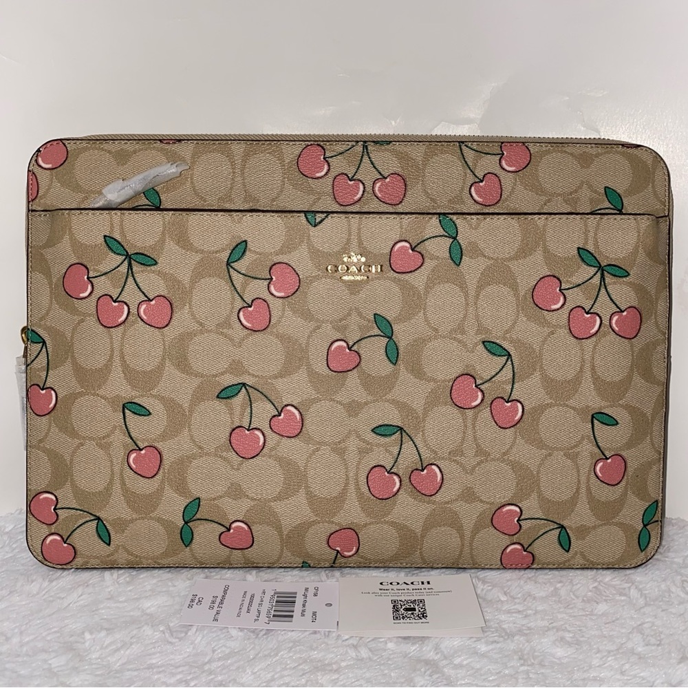 Coach 🍒 Laptop Sleeve In Signature Canvas With Heart Cherry Print New - Picture 2 of 12